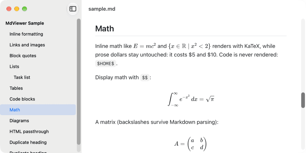 MdViewer renderizando fórmulas matemáticas con KaTeX